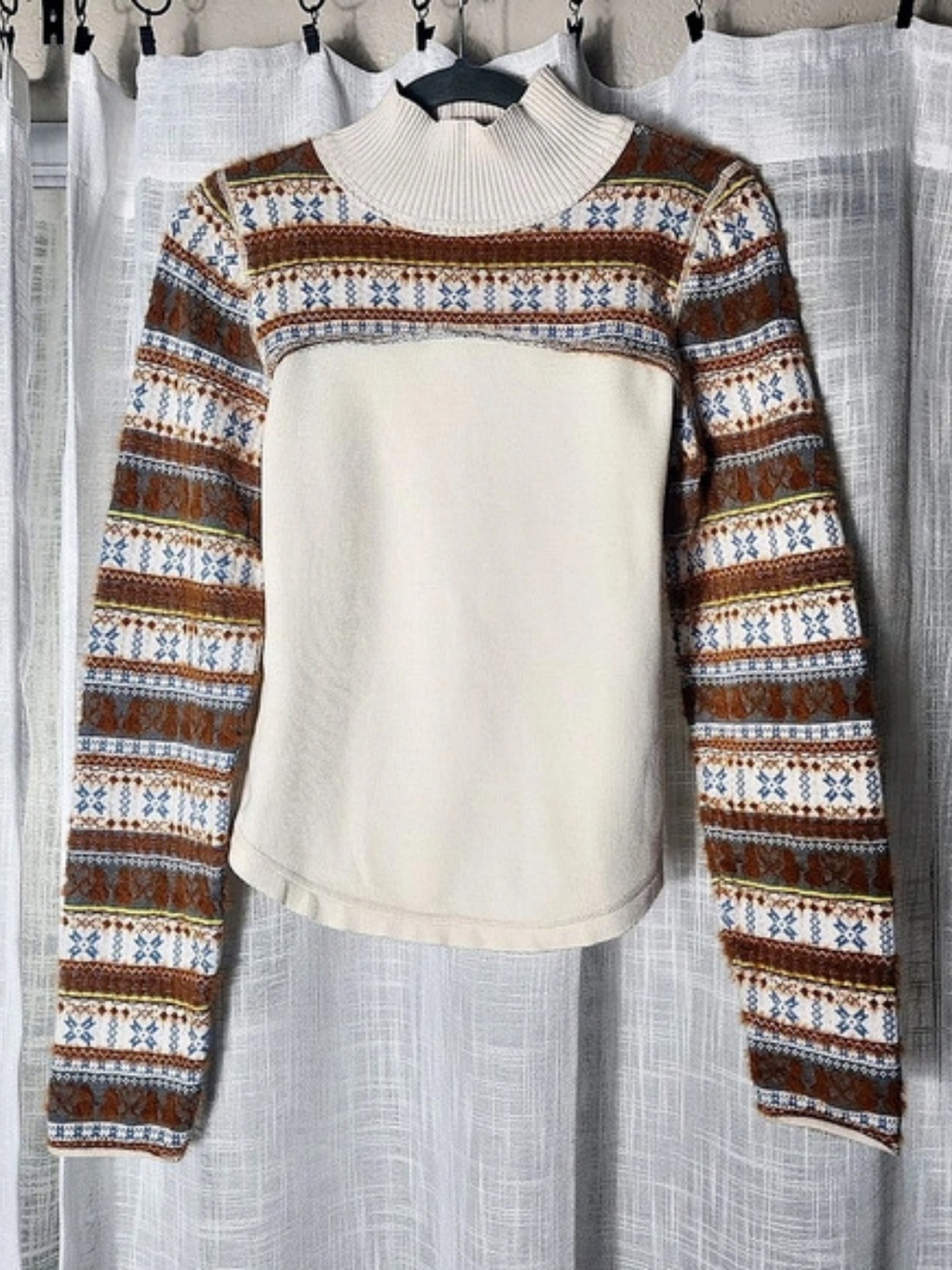 Free People Brown Cream Fair Isle Geometric Shawl Collar Drape Pullover Size S